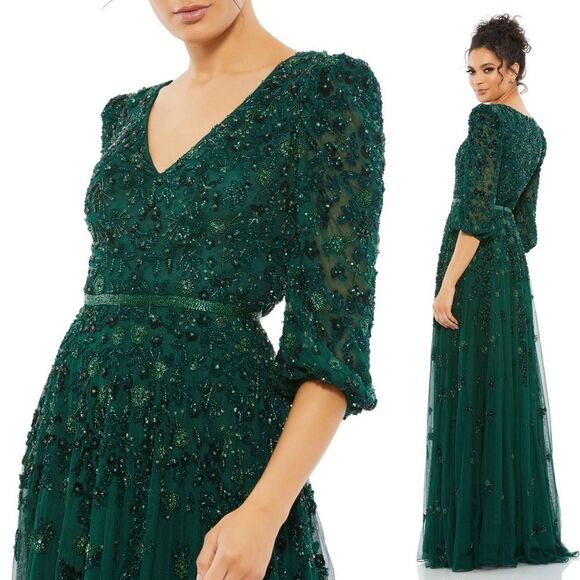 Mac Duggal Dresses & Skirts - Mac Duggal 5497 Size 18 Floral Beadwork Deep Emerald 3/4 Sleeve Mesh Formal Gown